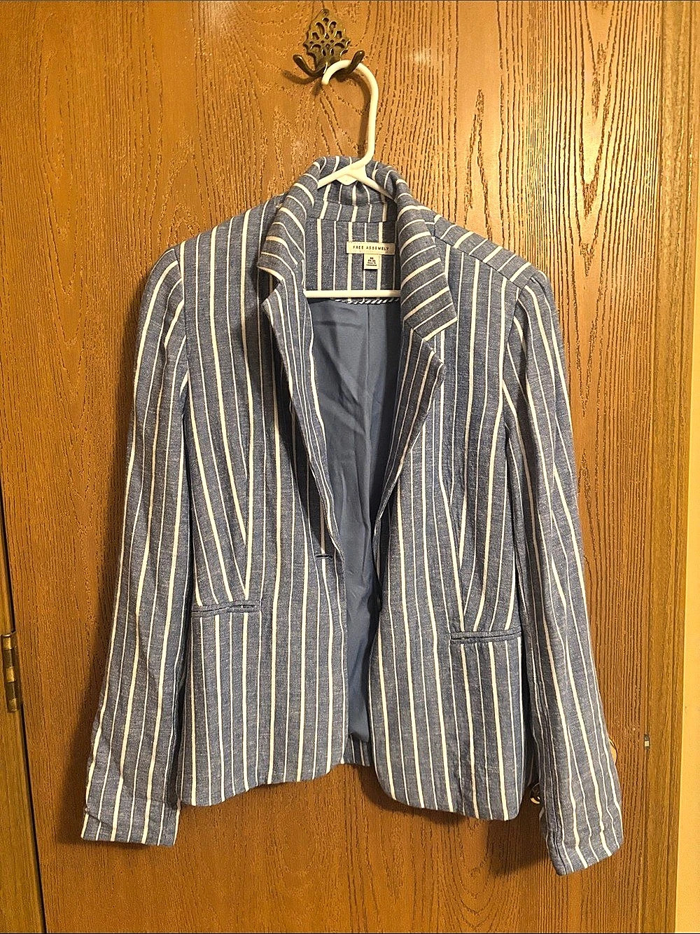 Free Assembly Linen-Blend Single-Breasted Blazer Blue & Cream XS